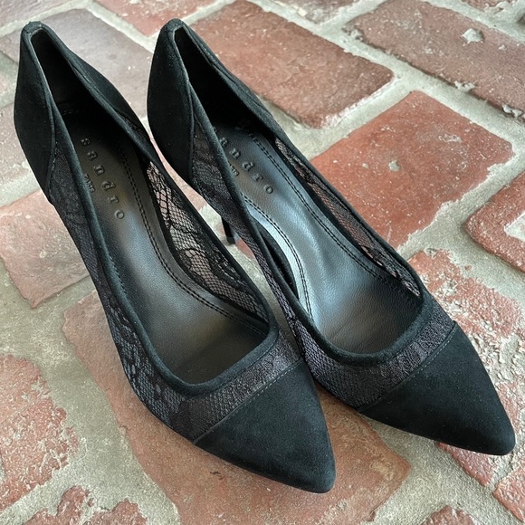 NWOT Sandro Suede & Lace Black Pumps - Picture 1 of 6